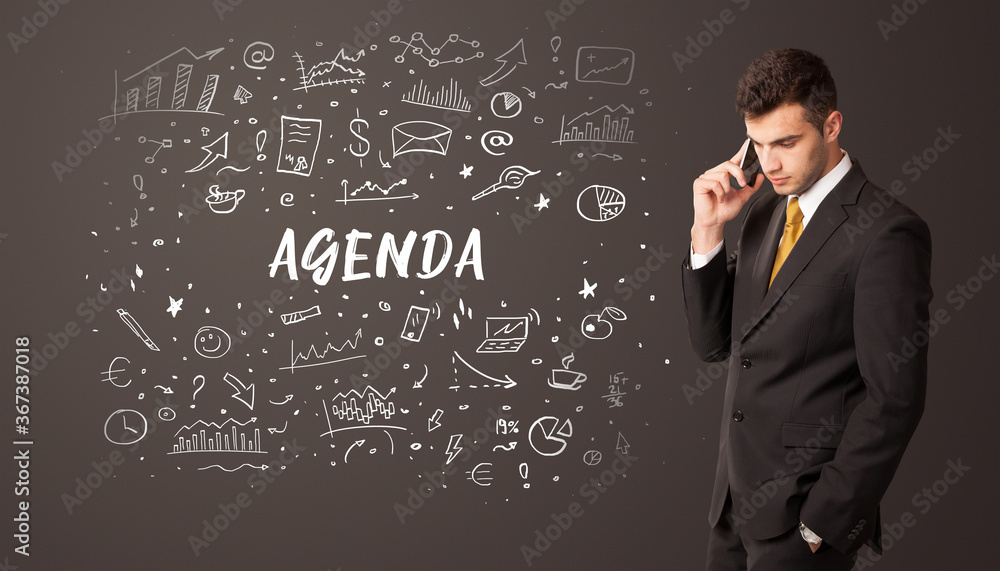 Businessman thinking with AGENDA inscription, business education concept