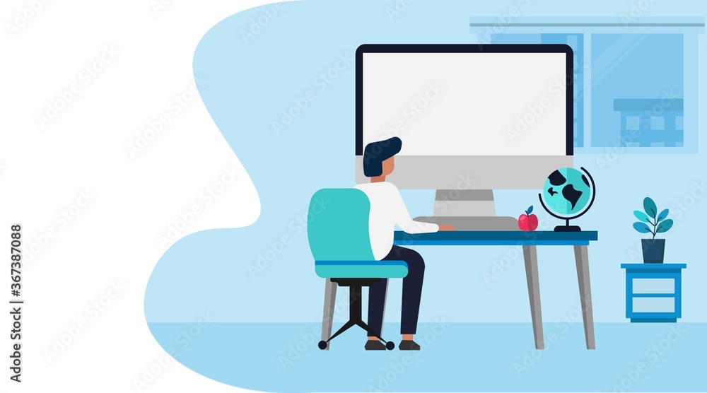 Guy At Computer Learning Online Sitting Indoor, Blue Background, Illustration Guy At Computer Learning Online Sitting Indoor, Blue Background, Illustration