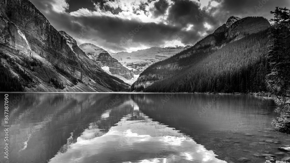 Black and White Photo of Lake Louise in the Rocky Mountains in Banff ...