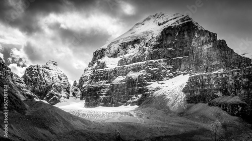 Black and White Photo of Mount Lefroy and the Mitre seen from the trail to the Plain of Six Glaciers in Banff National Park in the Canadian Rockies photo