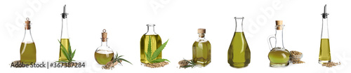 Collage with hemp oil on white background, banner design