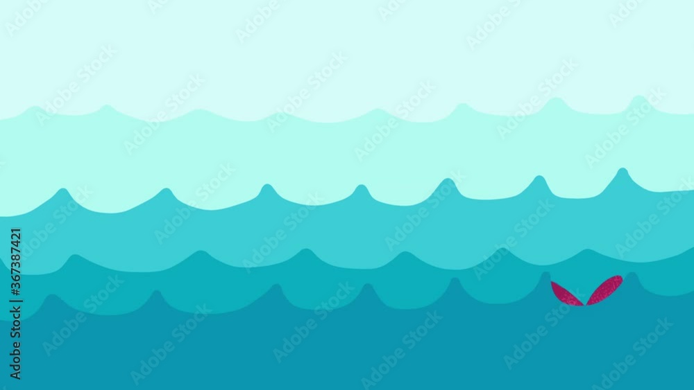 Cartoon cute fish animation swims in wavy water. Sea waves background Cartoon cute fish animation swims in wavy water. Sea waves background