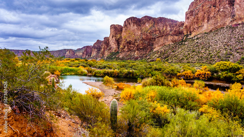 The Salt River and surrounding mountains with fall colored desert shrubs in central Arizona, United States of America © hpbfotos