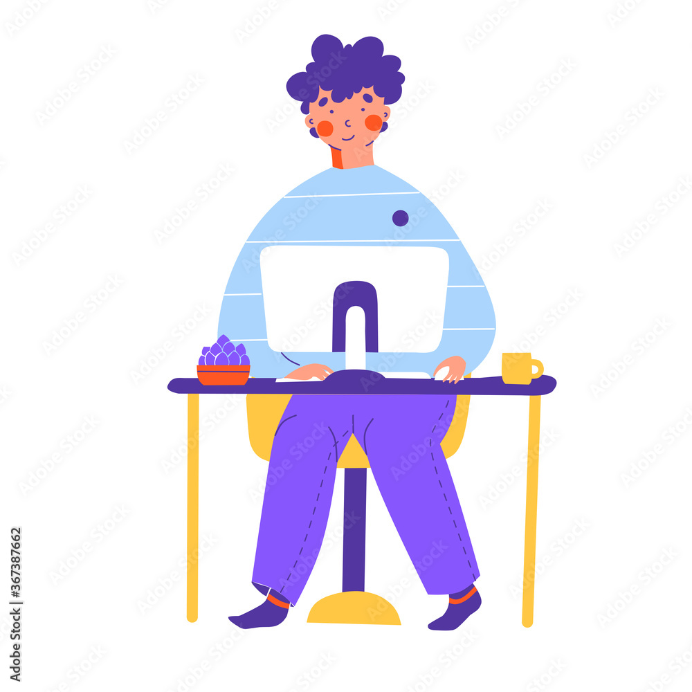 Fototapeta premium Work from home with smartphone app, flat vector cartoon style. Business concept.