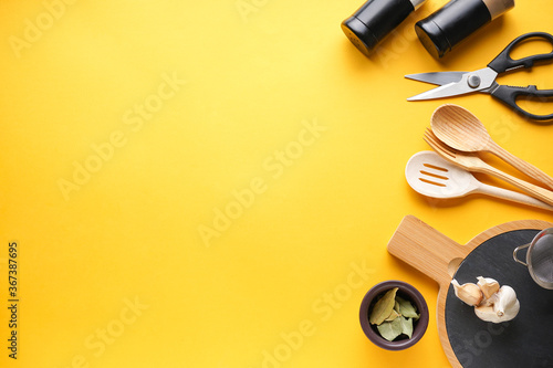 Wallpaper Mural Various kitchen utensils on a yellow background with space for text, flat lay. Torontodigital.ca