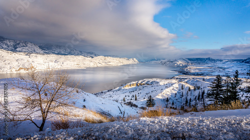 Winter landscape of Kamloops Lake in central British Columbia, Canada