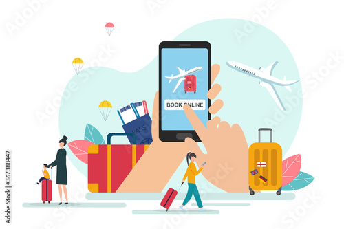 Travel Illustration With Smartphone And Travellers Booking Flights, White Background
