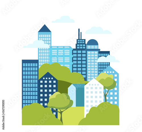 Vector illustration of multi-storey buildings with trees