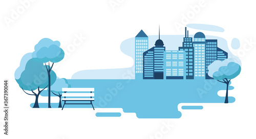 Vector illustration of multi-storey buildings with park and bench