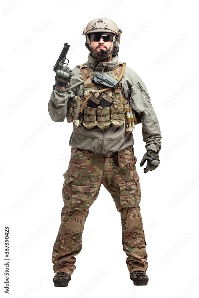 soldier in military equipment with a gun on a white background, a commando in uniform with a gun to aim and attack soldier in military equipment with a gun on a white background, a commando in uniform with a gun to aim and attack