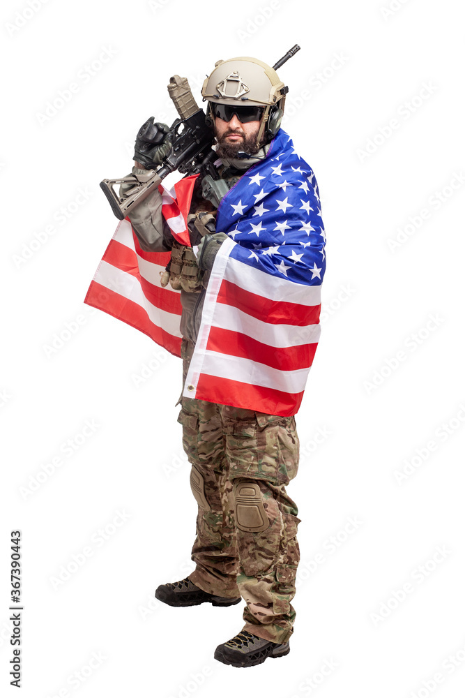 American soldier in uniform with usa flag on a white background, commando with weapons hero of america