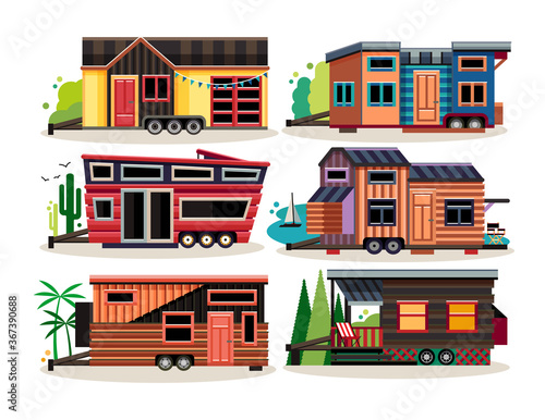 Small Tiny Houses. Modern Mobile Trailers. Vector Illustration.