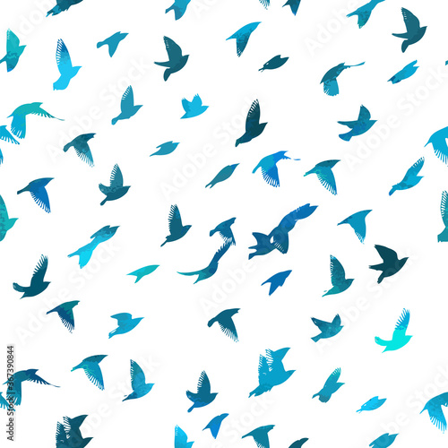 Bird watercolor. A flock of colorful birds. Seamless background. Mixed media. Vector illustration