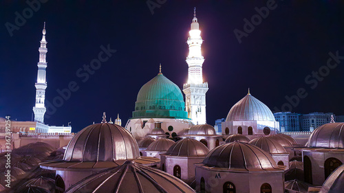 Medina / Saudi Arabia - 8 Jun 2015: Prophet Mohammed Mosque , Al Masjid an Nabawi at night - Umra and Hajj - Muslim`s holy lands . Green doom
 photo