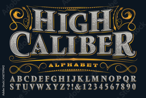 Vector Font, A Stylish Serif Alphabet Suited to the Branding of High-End Liquor and Other Luxury Products. Also Contains Several Flourishes with Metallic Gold Effects. photo