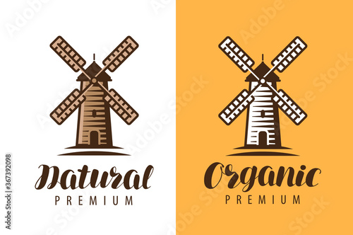 Natural, organic food logo. Windmill symbol. Farm, food concept