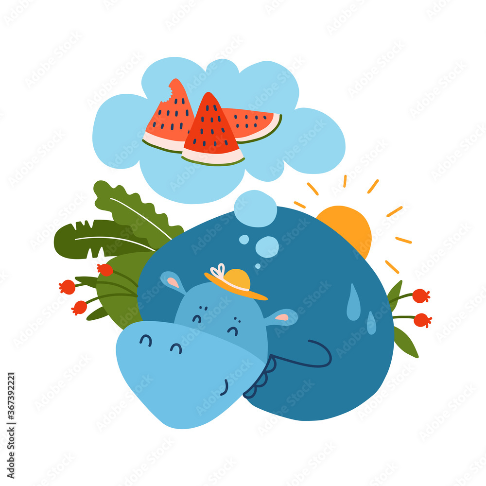 Hippo dreaming about watermelon, flat hand drawn vector illustration on white background. Hot summer concept. Healthy fruit food. Hippo dreaming about watermelon, flat hand drawn vector illustration on white background. Hot summer concept. Healthy fruit food.
