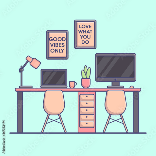 Vector flat illustration of home interior with work table, computer, desk lamp.