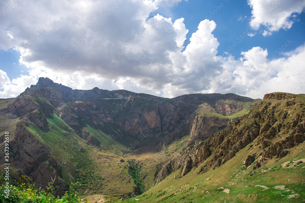 Beautiful landscape in the mountains at summer in daytime. Mountains at the sunset time. Azerbaijan, Caucasus. Khinalig