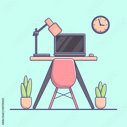 Vector flat illustration of home interior with work table, computer, desk lamp.