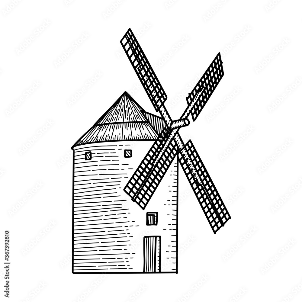 Wind mill, windmill hand drawn sketch vector engraved illustration. Ethcing medieval building emblem, logo, banner, badge for poster, web, mobile, icon, packaging. Isolated black and white object.