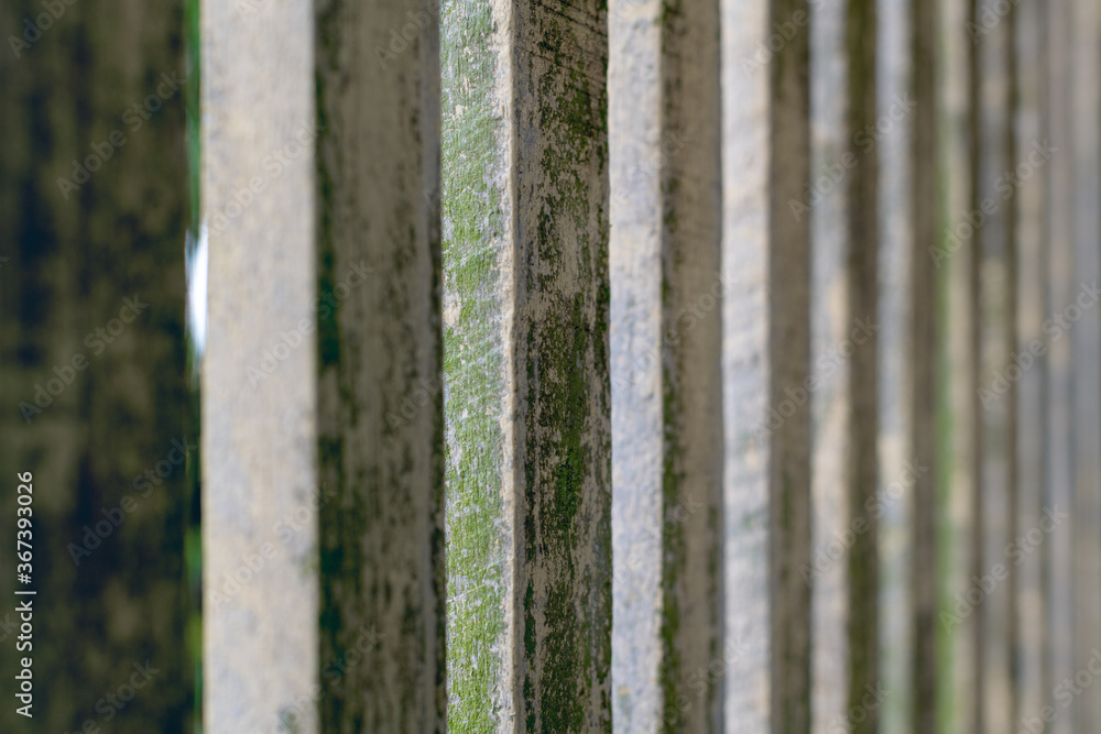 Pattern formed by old wooden fence with moss growing along the fenceposts Pattern formed by old wooden fence with moss growing along the fenceposts