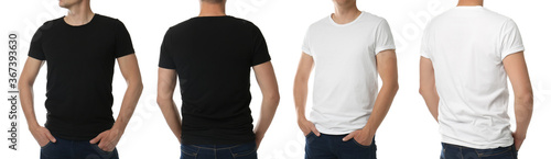 Men in t-shirts on white background, closeup with back and front view. Mockup for design