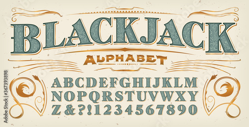 A Vintage Style Font; Blackjack Alphabet with Additional Gold Flourishes