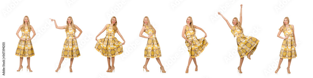 Pretty girl in yellow floral dress isolated on white Pretty girl in yellow floral dress isolated on white