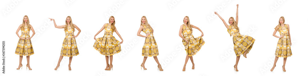 Pretty girl in yellow floral dress isolated on white