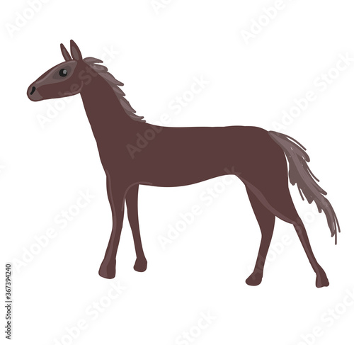 The horse is brown in cartoon style. Drawing isolated on a white background. Stock vector illustration.