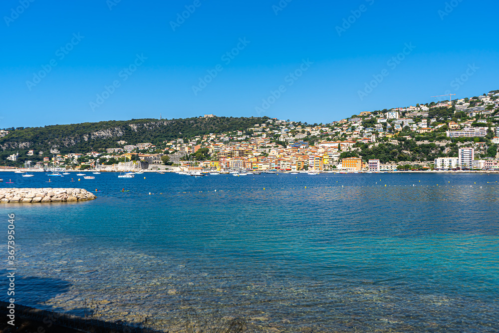 Villefranche-sur-Mer, France. 16.07.2020. Summer day on the beach. Tourism concept. Nature landscape. Card for concept design. Beach vacation. 