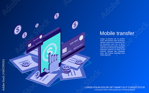 Mobile money transfer, payment, online banking, financial transaction flat isometric vector concept illustration
