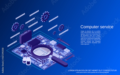 Computer service, repair, first aid flat 3d isometric vector concept illustration