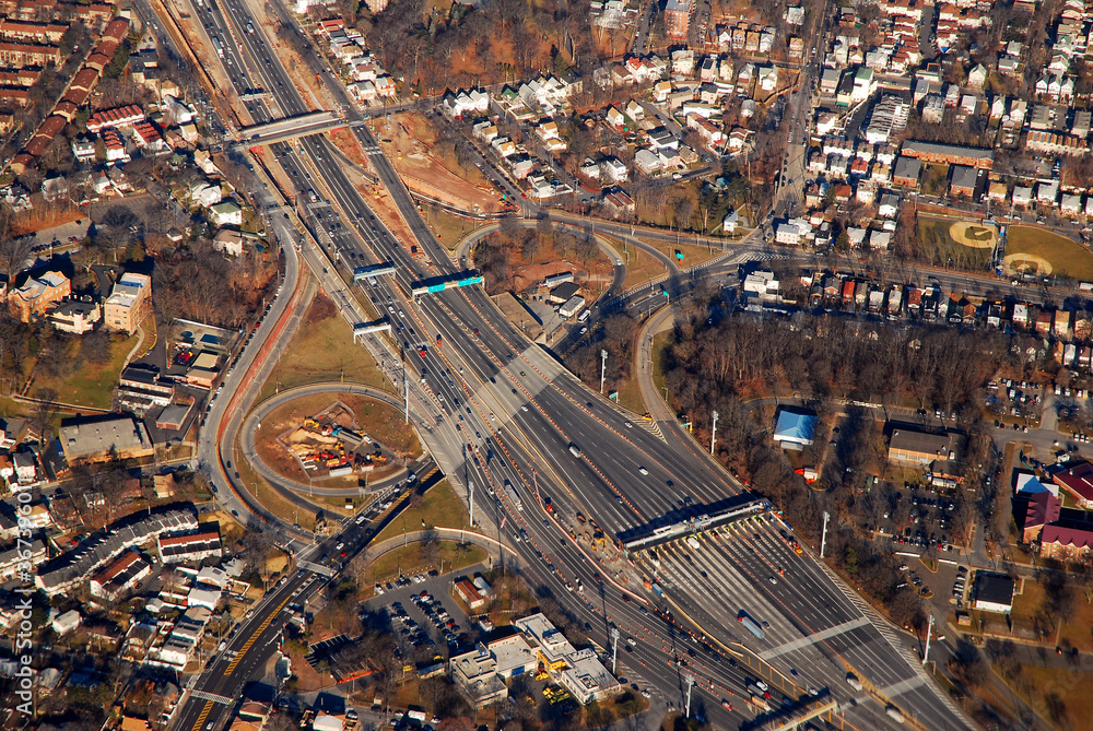 An aerial view of a toll booth leading to the Queens Midtown Tunnel in Queens, New York