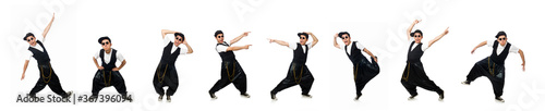 Funny young man dancing isolated on white