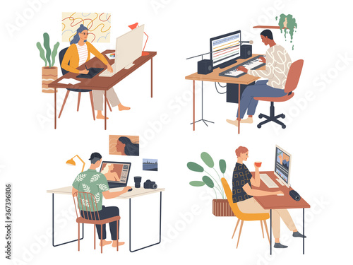 Creative people working in their workplaces passionate about work
