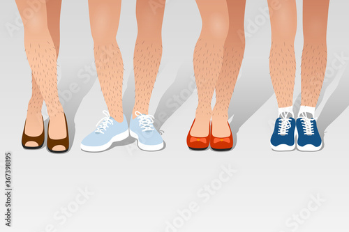 Various unshaved hairy woman's legs with different shoes on feet