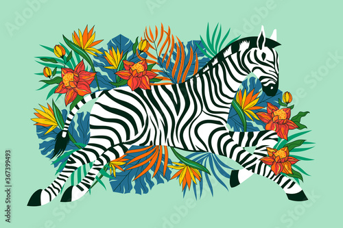 Wild zebra with exotic tropical flower background. Suitable for fashion print design