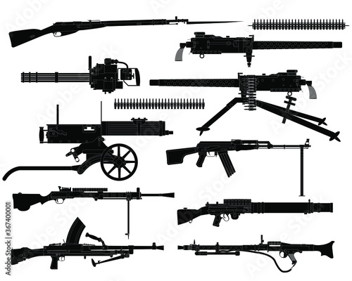 Set of guns silhouettes, isolated on white vector.