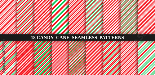 Set of christmas seamless pattern. Candy cane stripe texture. Vector. Holiday candycane background. Red green wrapping paper. Peppermint caramel diagonal print. Classic winter illustration.