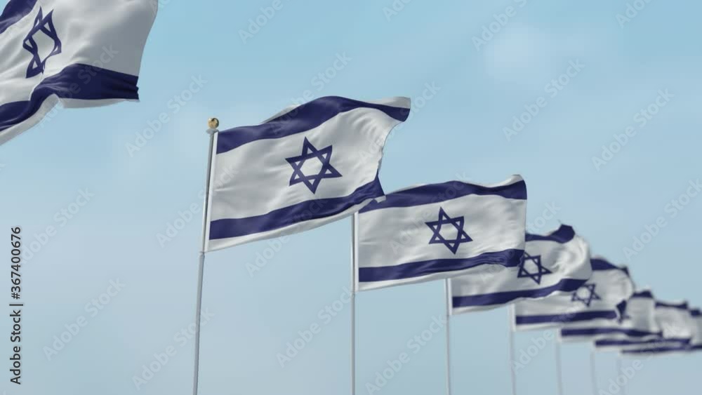 Row of waving flags of National flags of Israel with sky Background ...