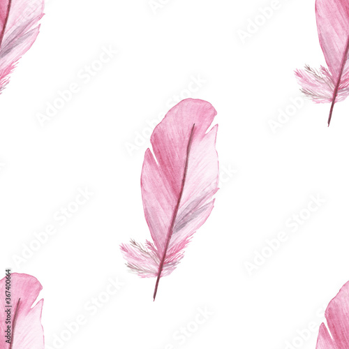 Watercolor hand painted romantic sketch seamless pattern with pink soft feathers collection isolated on the white background for print design  textile and wallpapers