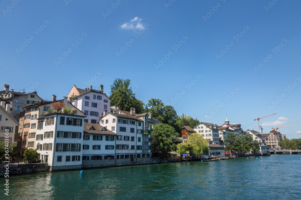 View of historic Zurich city center and river Limmat at Lake Zurich, Canton of Zurich, Switzerland