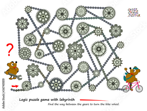 Logic puzzle game with labyrinth for children and adults. Find the way between the gears to turn the bike wheel. Printable worksheet for kids brain teaser book. IQ test. Online playing. Flat vector.