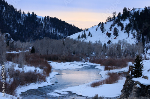 Gros Ventre River at dusk in the Bridger Teton National Forest wilderness area in winter photo