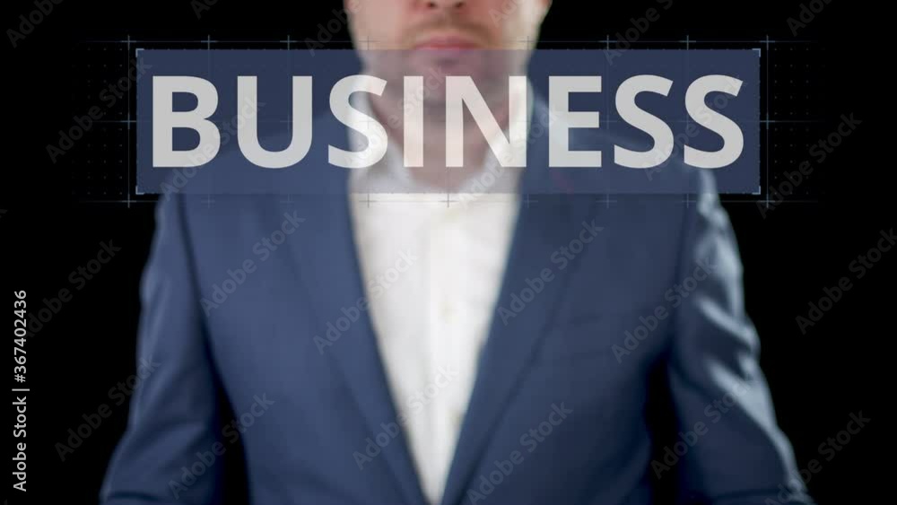 RESEARCH, EDUCATION and BUSINESS options selected by a businessman on the computer screen RESEARCH, EDUCATION and BUSINESS options selected by a businessman on the computer screen