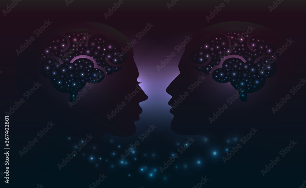 Man and woman head whith brains. Abstract couple face silhouette with circles. Vector illustration - obrazy, fototapety, plakaty 