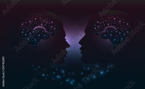 Man and woman head whith brains. Abstract couple face silhouette with circles. Vector illustration
