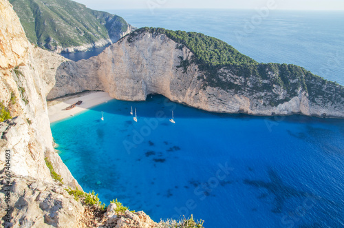 Picturesque Navagio beach with famous shipwreck on north west coast of Zakynthos island, Greece